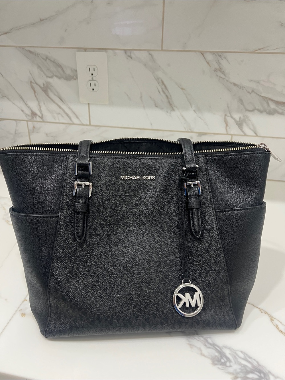 Michael Kors Black MK Logo Tote with Silver Hardware